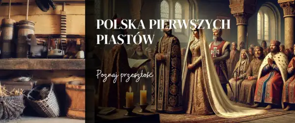 Obraz przedstawia scenę z czasów pierwszych Piastów, ukazując początki państwa polskiego.