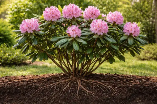 Un rododendro de hoja perenne florece con racimos de flores rosadas. Sus raíces se extienden por la tierra fértil.