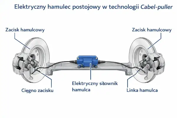 Schemat elektrycznego hamulca postojowego: zaciski hamulcowe, cięgno, linka i elektryczny siłownik hamulca.