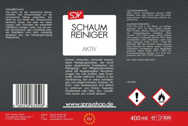SDV Schaumreiniger: effektiv gegen Nikotin und hartnäckigen Schmutz auf vielen Oberflächen. Einfache Anwendung.