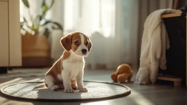 Un adorable chiot, futur **puppy trainer**, attend sagement sur un tapis, prêt pour sa première leçon.