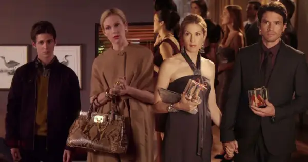Lily van der Woodsen och hennes familj på en tillställning. En ung man, Lily i en beige kappa, och ett par som håller varandra i handen.