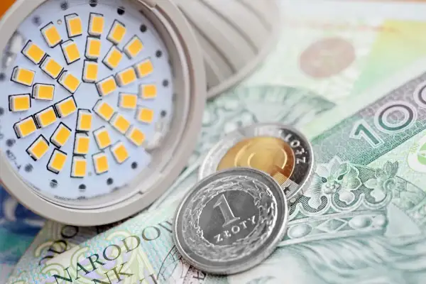 Żarówka LED i monety na banknocie 100 zł. Symbolizuje to wniosek o zamrożenie cen prądu dla gospodarstw domowych.
