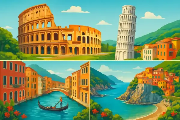 Italienska sevärdheter: Colosseum, lutande tornet i Pisa, Venedig och en kuststad. Bra tips för att hyra bil i Italien!