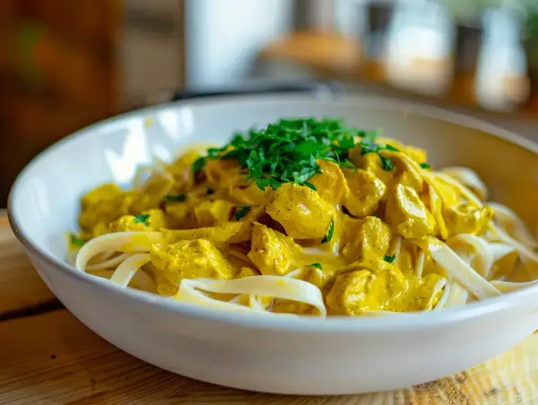 En skål med krämig kycklingcurry pasta, toppad med färsk persilja. En härlig och smakrik rätt.