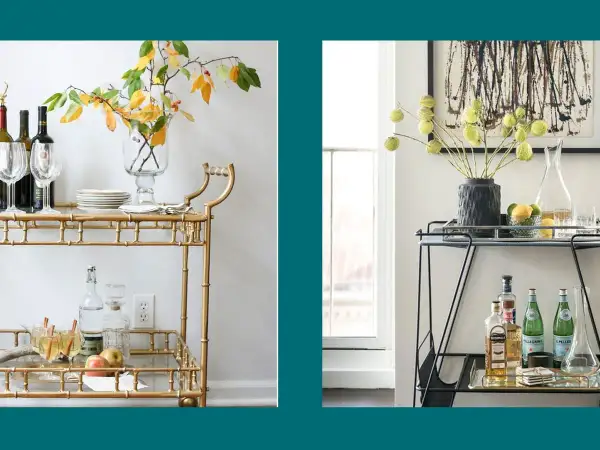 Elegant bar cart decor ideas: a gold bamboo cart with fall leaves and a modern black cart with abstract art.