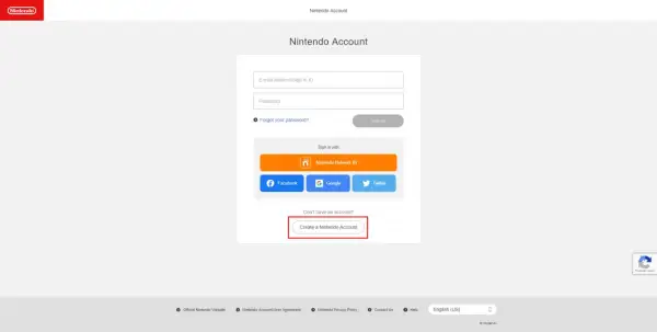 Strona logowania Nintendo. Kliknij "Create a Nintendo Account", aby dowiedzieć się, jak założyć konto na Nintendo Switch.