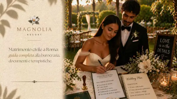 Coppia felice firma i documenti per sposarsi in comune a Roma, con una guida alla burocrazia e tempistiche.