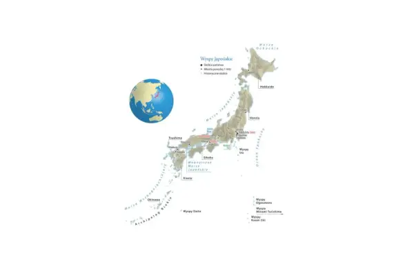 Japonia opis: mapa wysp japońskich z zaznaczonymi głównymi wyspami (Hokkaido, Honsiu, Sikoku, Kiusiu), miastami i morzami.