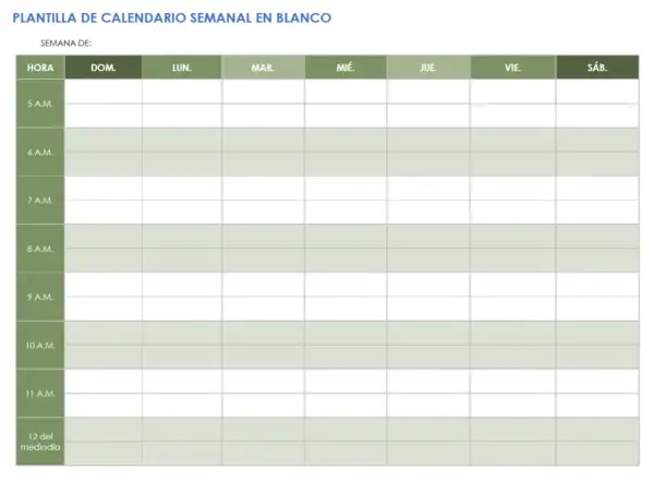 Plantilla calendario semanal en blanco con horas y días de la semana para organizar tu tiempo.