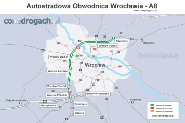 Mapa Autostradowej Obwodnicy Wrocławia - A8, pokazująca istniejące i planowane odcinki dróg wokół miasta.