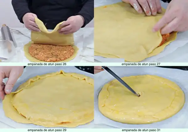 Manos cubriendo un relleno con masa empanada, creando una deliciosa empanada.
