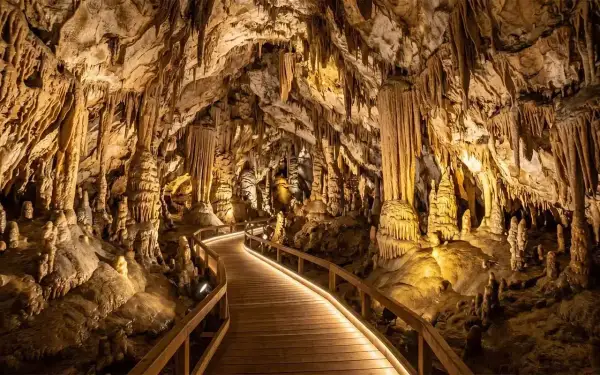Drewniana ścieżka prowadzi przez jaskinię pełną stalaktytów i stalagmitów. To piękny przykład tego, czym jest speleologia.