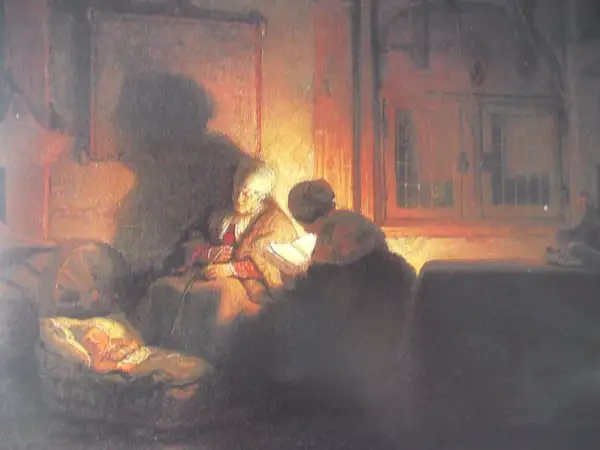 Nastrojowy, mroczny **nocturne** ukazuje dwie postacie przy świetle lampy. Jedna czyta, druga opiera się o mebel.