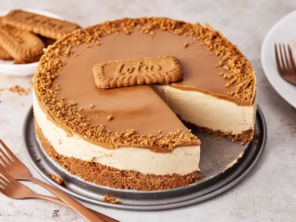 Ein cremiger Lotus Cheesecake mit Karamellglasur und Keksbröseln, dekoriert mit einem Lotus-Keks.