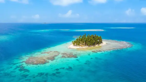Una pequeña isla con palmeras, como la **isla bermeja**, emerge de aguas turquesas y azules, rodeada de arrecifes.