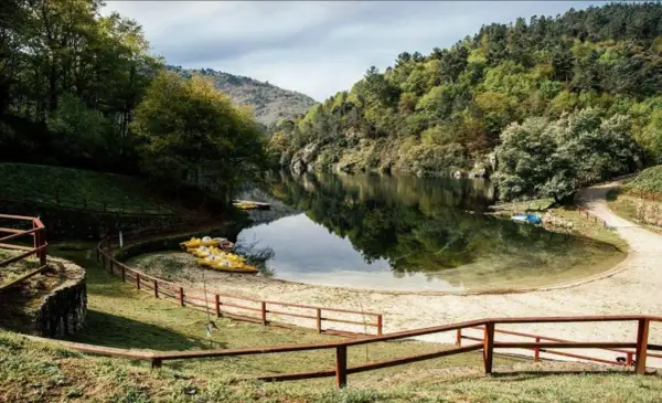Un área de berres con botes amarillos esperando en la orilla arenosa, rodeada de exuberante vegetación y un lago tranquilo.