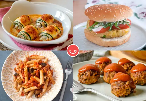 Un plato del buen comer para niños: rollitos de calabacín, hamburguesa, pasta con verduras y albóndigas.