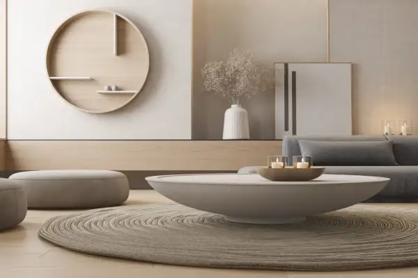 Een serene woonkamer met zachte verlichting en natuurlijke materialen. De ronde wanddecoratie en het vloerkleed creëren een rustige ambiance, een ander woord voor sfeer.