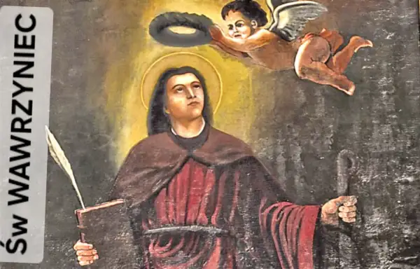 Św. Wawrzyniec, młody święty z aureolą, otrzymuje wieniec od aniołka. Trzyma księgę i pióro.