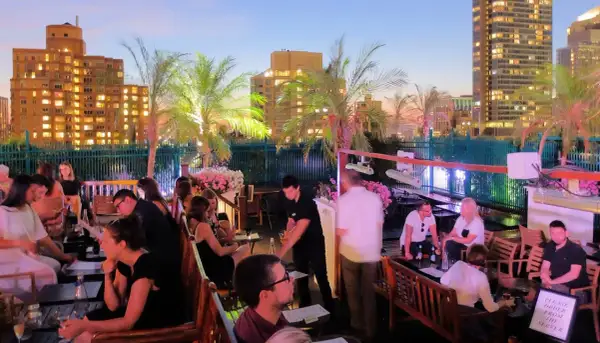 Un rooftop bar a New York City, con persone che si godono la vita notturna tra palme e luci della città.