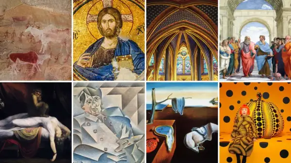 A collage of art styles, from cave paintings to modern installations, asks: when did contemporary art start?