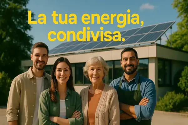 Persone sorridenti davanti a un edificio con pannelli solari, un esempio di comunità energetiche.