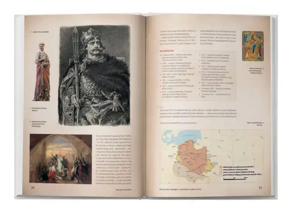 Bolesław Chrobry, pierwszy król Polski, na ilustracji i mapie jego panowania. Kluczowe wydarzenia z historii Polski.