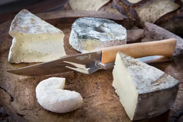 Varietà di formaggi a pasta molle, tra cui un caprino e un formaggio a crosta fiorita, pronti per essere gustati con un coltello Opinel.