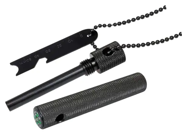 Kit para hacer fuego con pedernal, incluye varilla, rascador con medidas y brújula.