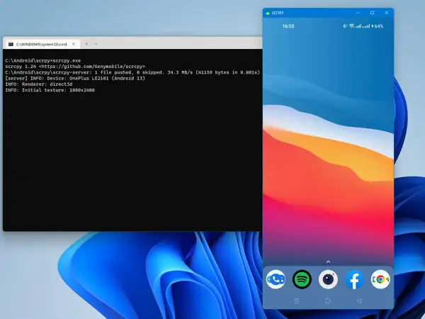 Ventana de comandos mostrando el proceso de compartir pantalla Android con scrcpy. El teléfono OnePlus LE2101 se ve en la pantalla.