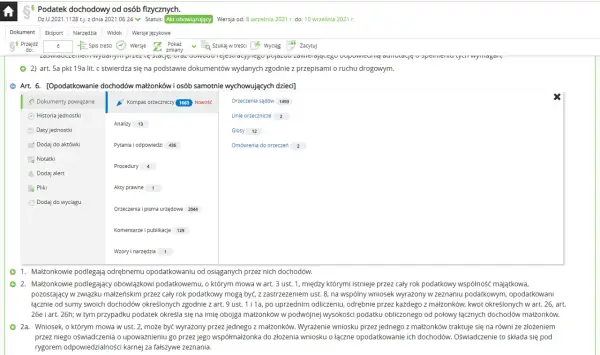 Fragment strony internetowej z informacjami o podatku dochodowym, z zaznaczonym artykułem o opodatkowaniu małżonków i osób samotnie wychowujących dzieci.