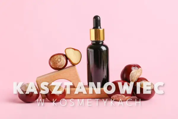 Naturalne piękno z ekstraktem z kasztanowca. Butelka serum i kasztany na różowym tle.