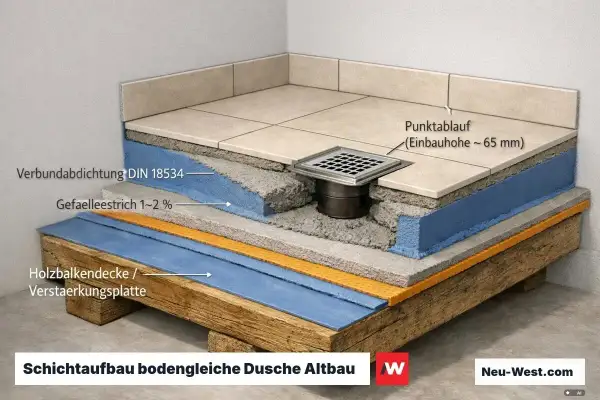 Schnittzeichnung zeigt den Schichtaufbau einer bodengleichen Dusche im Altbau. Wichtig für das **boden abdichten** ist die Verbundabdichtung nach DIN 18534.