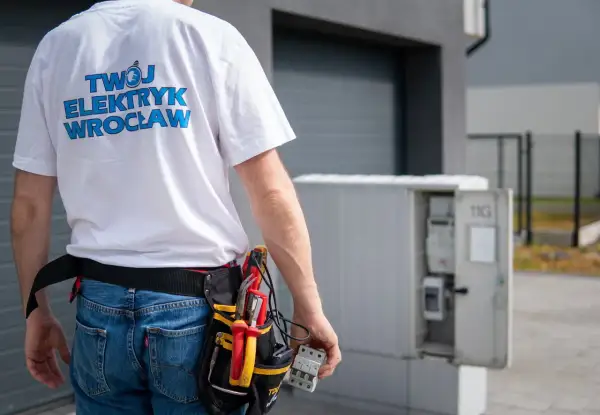 Elektryk z Wrocławia w pasie narzędziowym dokonuje odbioru instalacji elektrycznej. W ręku trzyma bezpiecznik.