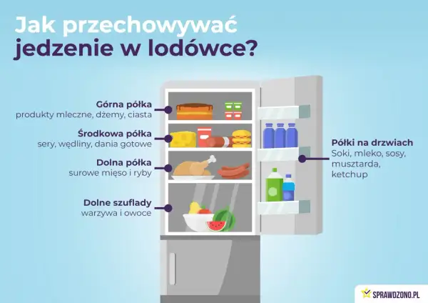Ilustracja pokazuje wnętrze lodówki z podziałem na półki i szuflady, wyjaśniając zasady przechowywania żywności.