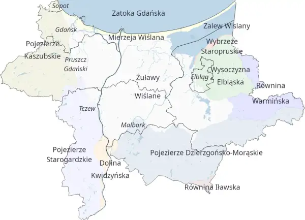 Mapa regionu z zaznaczonymi Żuławami Wiślanymi, Zalewem Wiślanym i innymi atrakcjami przyrodniczymi.