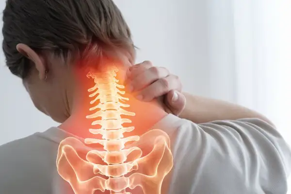 Person med smärta i nacken, illustrerad ryggrad med glödande rött område. Kan vara ett spricka i revben symptom.