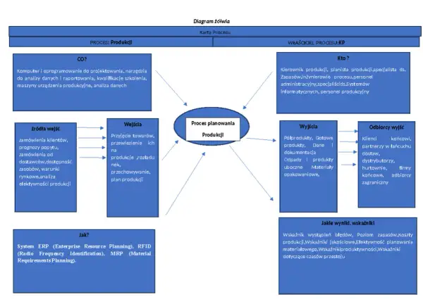 Diagram żółwia dla procesu produkcji. Metoda żółwia pokazuje wejścia, wyjścia, zasoby i wskaźniki.