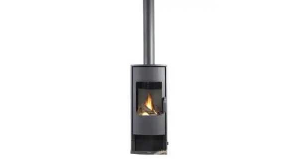 Poêle à gaz sans conduit au design moderne, avec une cheminée verticale et des flammes réelles.