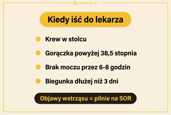 Kiedy iść do lekarza: krew w stolcu, gorączka, brak moczu, biegunka dłużej niż 3 dni. Objawy wstrząsu = pilnie na SOR.