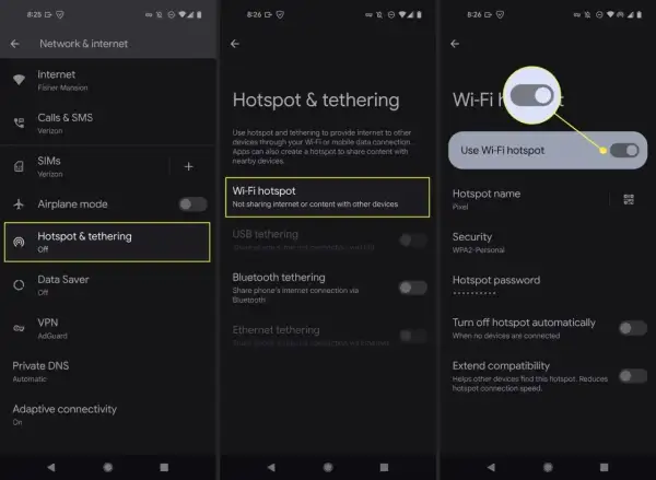 Jak udostępnić internet z telefonu? Ekran telefonu pokazuje opcje "Hotspot & tethering", gdzie można włączyć "Wi-Fi hotspot".