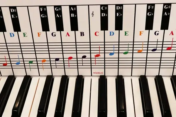 Klawiatura fortepianu z kolorowymi nutami i literami nad klawiszami, pokazująca, ile klawiszy jest potrzebnych do zagrania melodii.