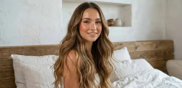 Mujer sonriente con cabello largo y ondulado, mostrando diferentes tipos de pelo con reflejos dorados.