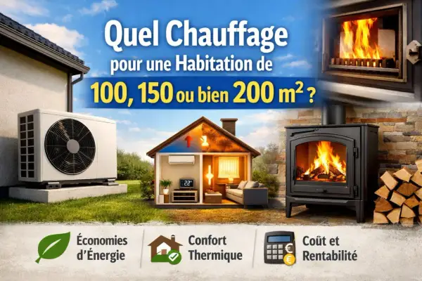 Quel chauffage pour une maison de 100m2 ? Image montrant une pompe à chaleur, une coupe de maison avec chauffage, et un poêle à bois.