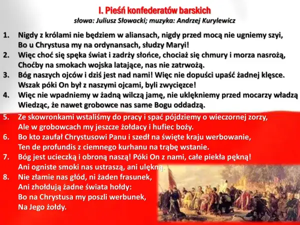 Pieśni patriotyczne, utwory z tekstem Juliusza Słowackiego i muzyką Andrzeja Kurylewicza, wzywają do walki o wolność.