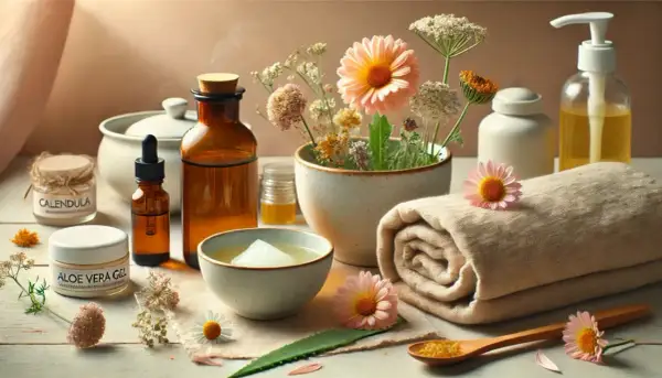 Olio di paraffina a cosa serve? In questa scena rilassante, ingredienti naturali come aloe e calendula si uniscono a oli per la cura della pelle.