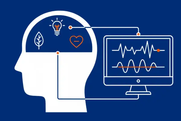 Grafika ilustruje, neurofeedback co to: połączenie mózgu z monitorem pokazującym fale mózgowe, symbolizujące kontrolę nad myślami i emocjami.