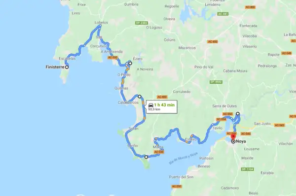 Ruta por la costa de **Asturias o Galicia**, desde Finisterre hasta Noya, con parada en Muros.