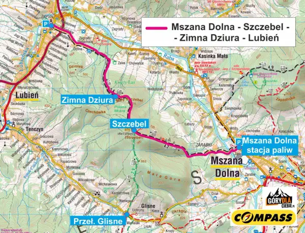 Trasa Mszana Dolna - Szczebel - Zimna Dziura - Lubień. Mapa turystyczna z zaznaczonymi szlakami i atrakcjami.